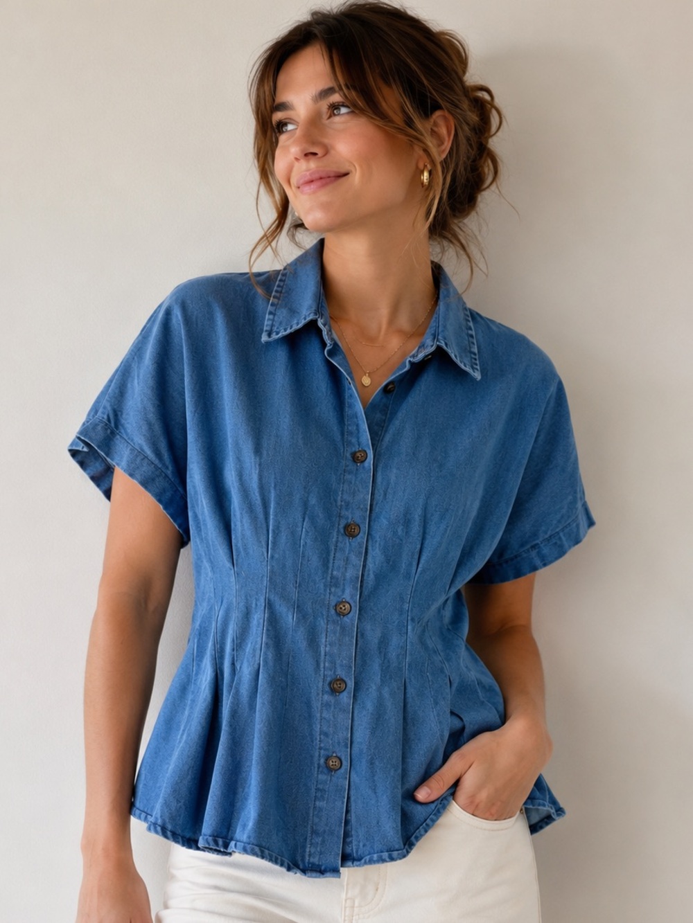 SOLITAIRE Denim Cinched Waist Blouse